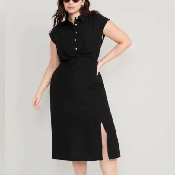 knee length dresses for ladies Leena Black Button Front Belted Midi Dress main image 0